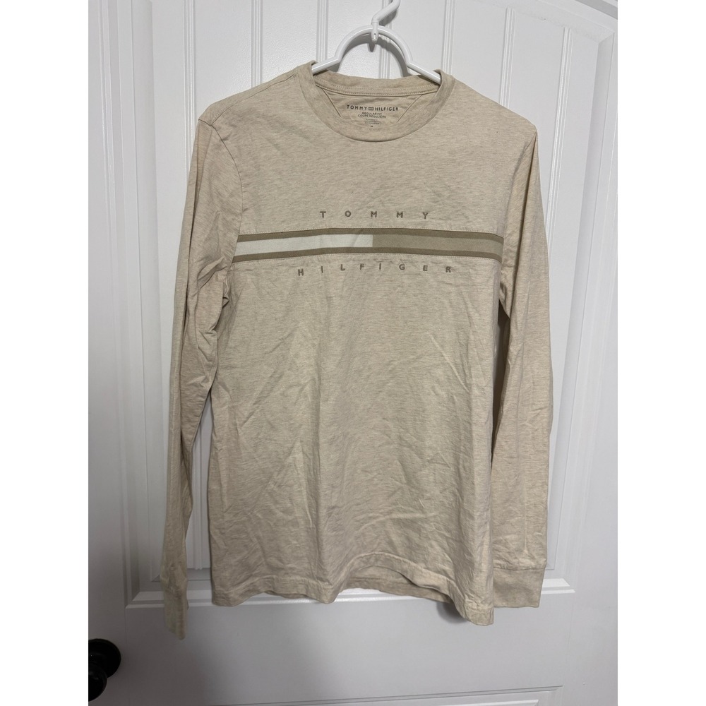 Tommy Hilfiger T-Shirt Mens Medium Regular Fit Long Sleeve Beige Graphic EUC